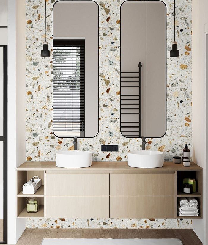 Beige terrazzo slabs bathroom